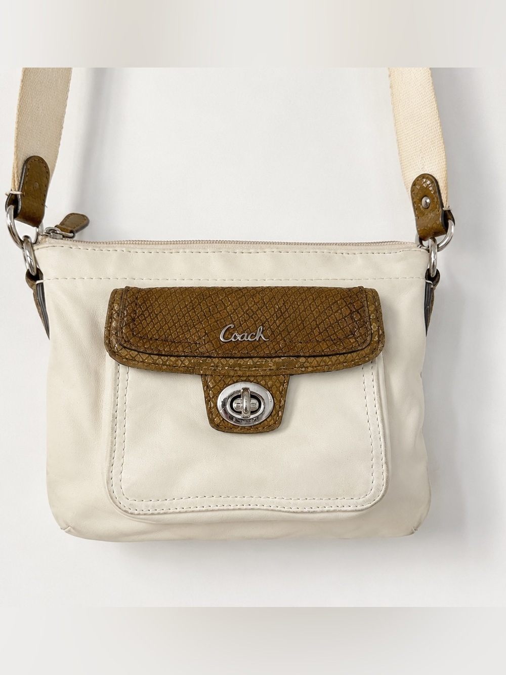 Coach Cream Crossbody with Brown Snakeskin-Effect Flap